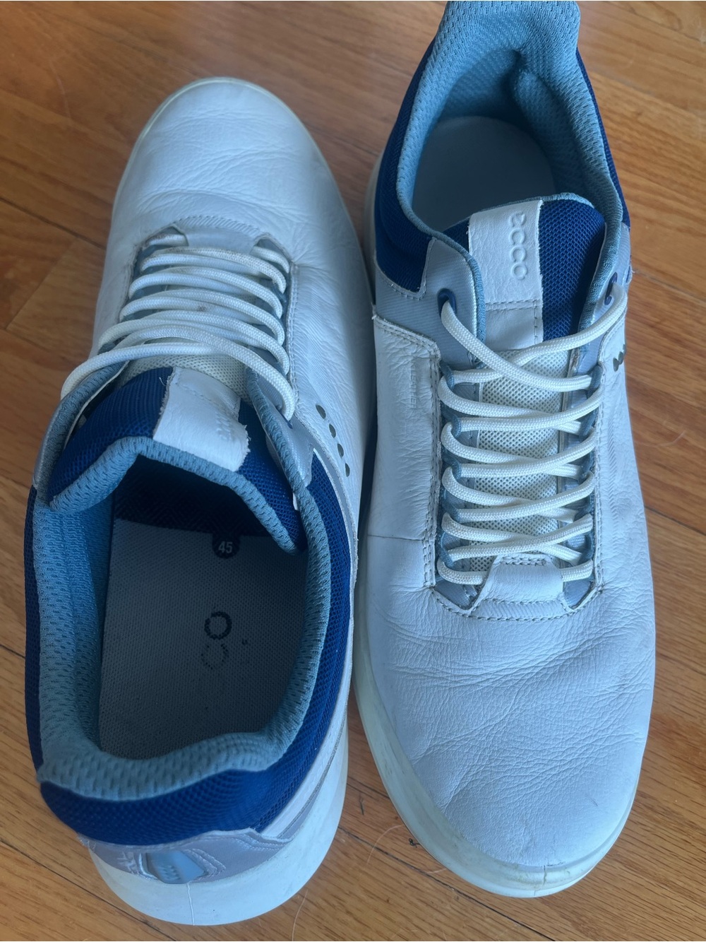 Like New Ecco Men's White & Blue Leather Low-Top Golf Shoes Sz45 US Size 11-11.5